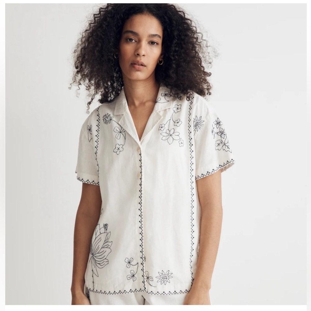 Madewell Embroidered Linen Blend Camp Shirt XS NWT